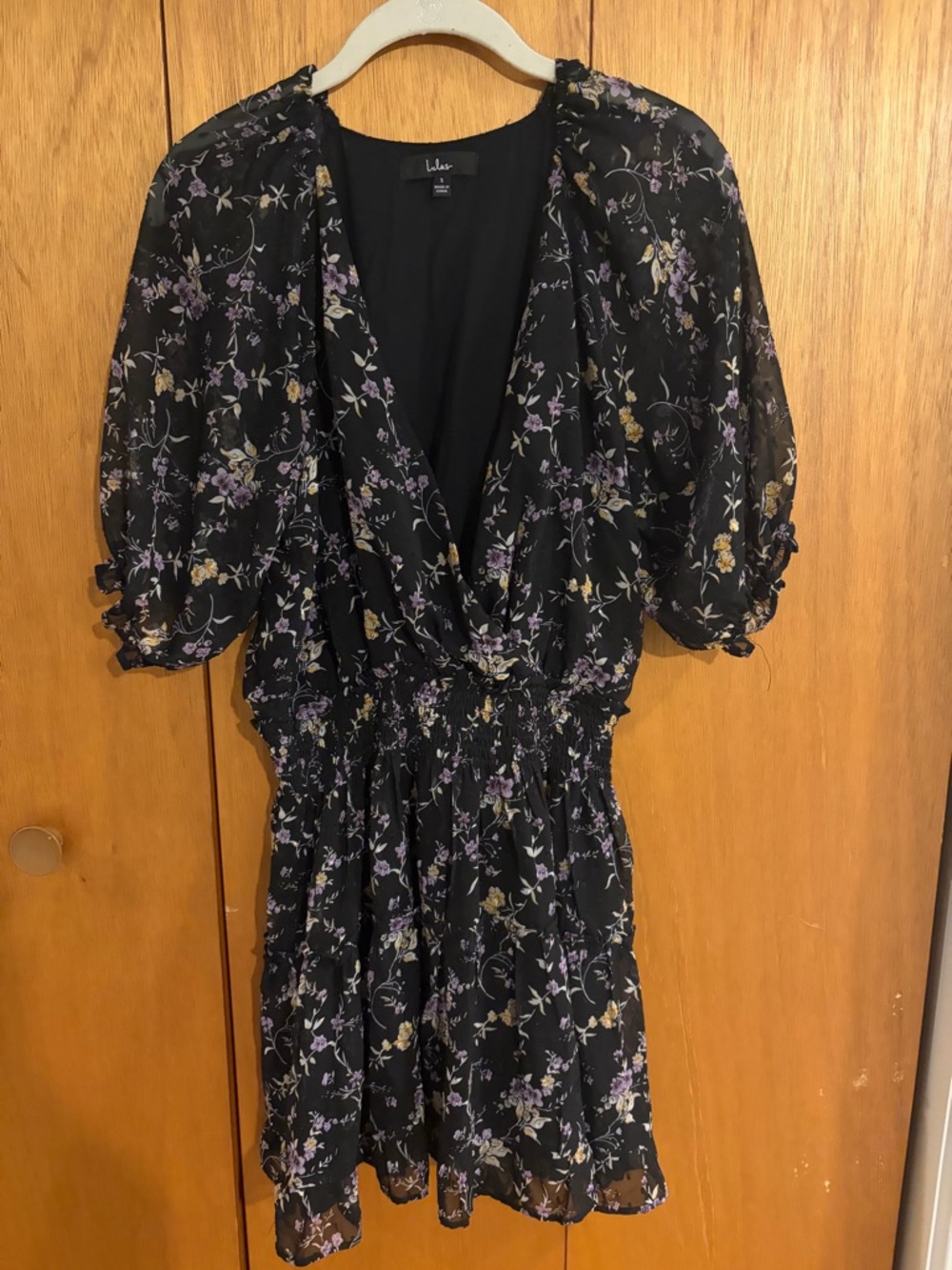 Lulu's Black Mini Dress with Purple and Cream Floral Print